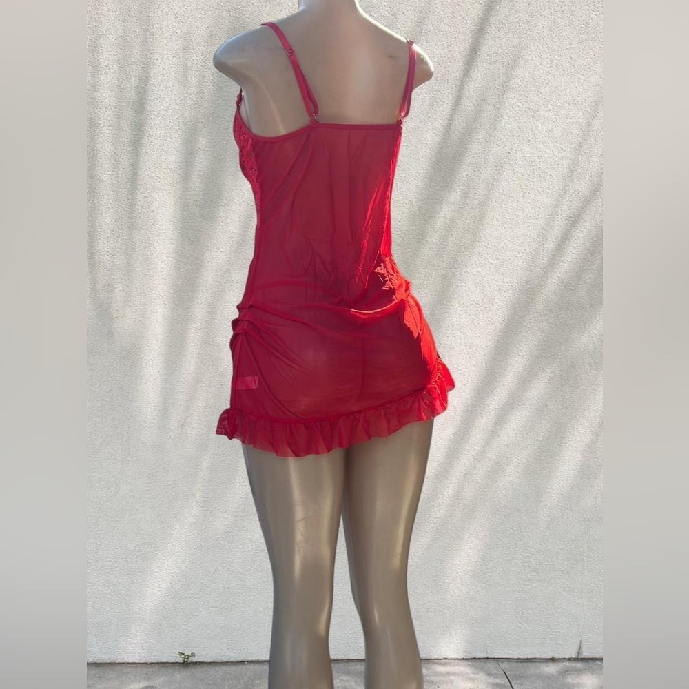 Red Lace Sheer Mini Dress ❤️ Ruffle Hem Slip / Lingerie Style - Picture 5 of 6